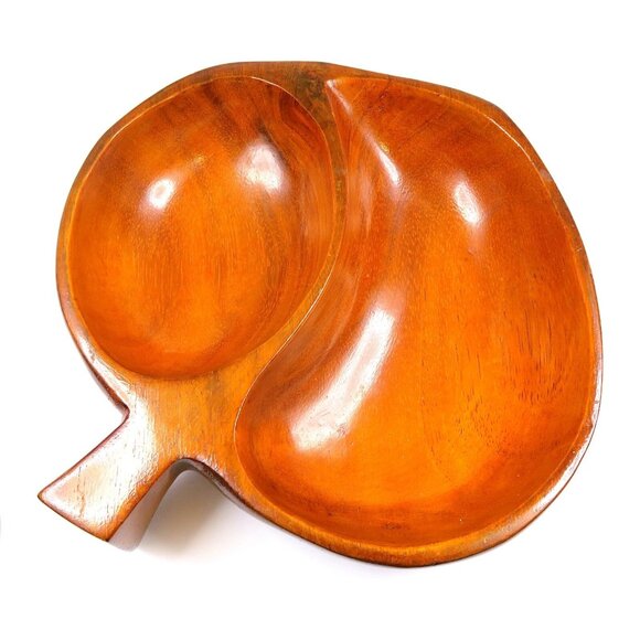 Monkey Pod Wood Divided Leaf Bowl Vintage Mid-Century Decor Made in Haiti - Picture 4 of 6